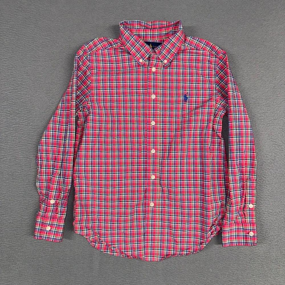 Ralph Lauren Shirt Boys Medium 10-12 Pink Plaid Long Sleeve Button Down Pony